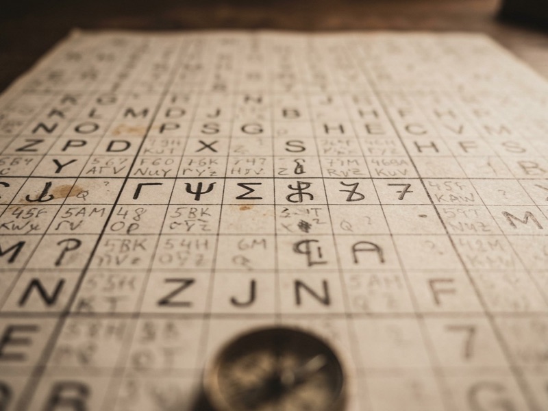Antique compass resting on a chart filled with hand-drawn letters and symbols