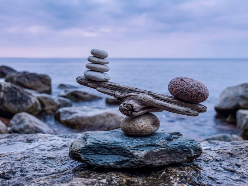 Stones balanced on a driftwood seesaw atop a rock at a stony shoreline