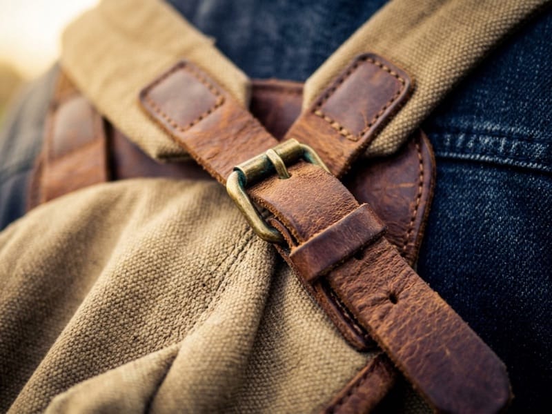 Close-up of a leather strap and buckle on a canvas backpack worn over denim