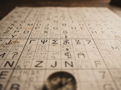 Antique compass resting on a chart filled with hand-drawn letters and symbols