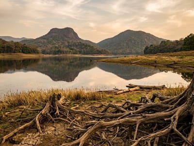 Twisted tree roots on the shore of a still lake reflecting two hills