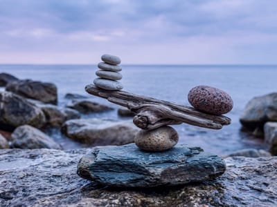 Stones balanced on a driftwood seesaw atop a rock at a stony shoreline