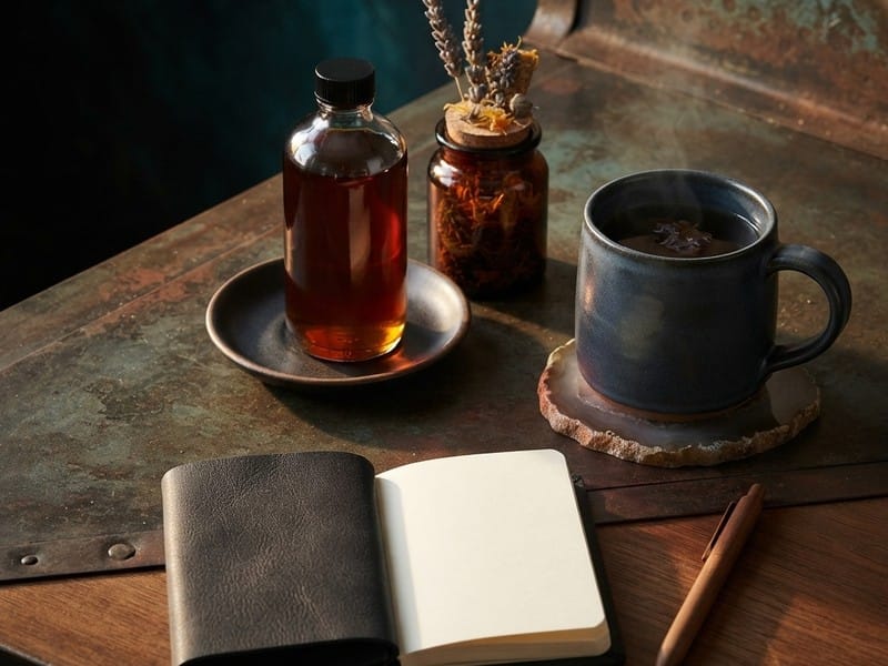 An open blank notebook and pen sit on a table next to a steaming mug on a coaster, a glass bottle with amber liquid on a saucer, and a small jar containing dried lavender.