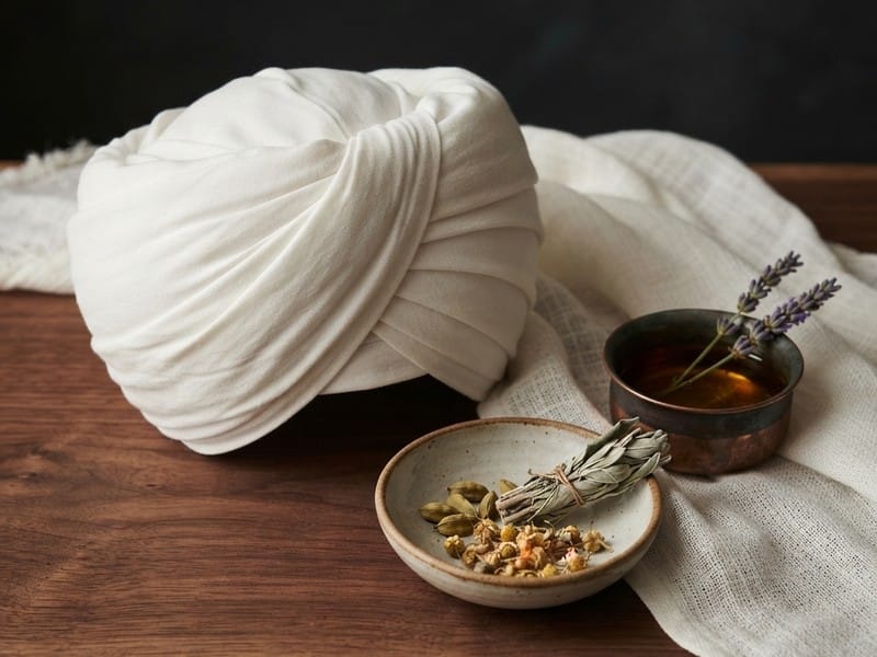 A wrapped white turban rests on a wooden surface beside a small bowl of dried herbs and seeds, a wrapped herb bundle, a cup containing tea with lavender sprigs, and draped linen cloth.