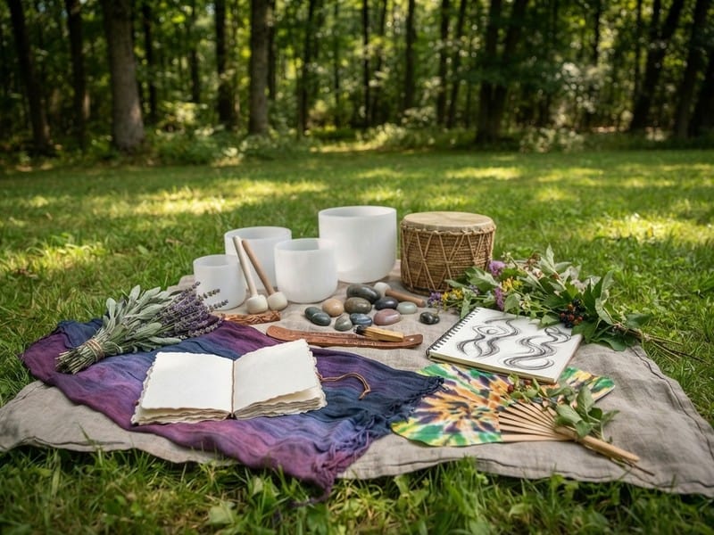 White singing bowls, a small drum, stones, dried herbs, an open blank notebook, and an open sketchbook are arranged on cloths on the grass in a wooded area.