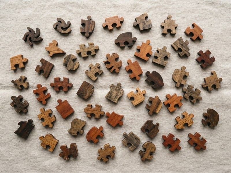Scattered wooden puzzle pieces of various tones and shapes spread out on a beige woven cloth.