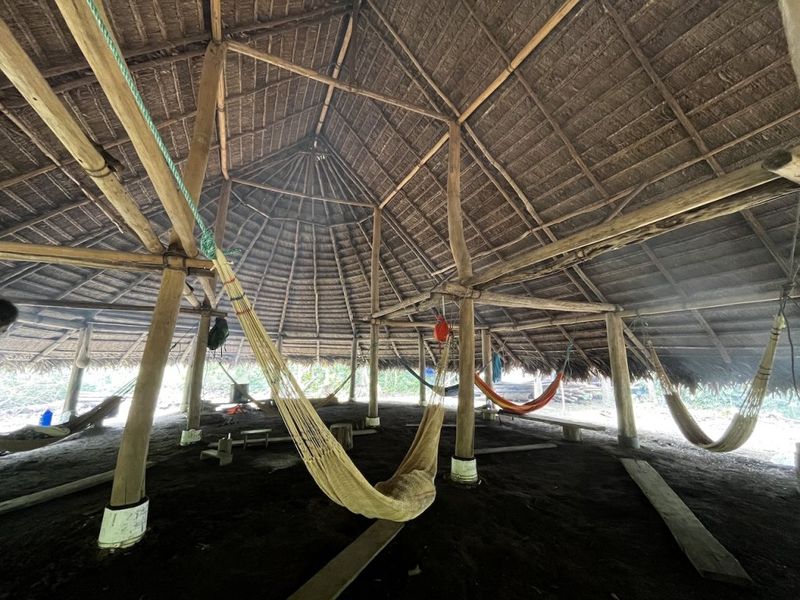 Open-air thatched shelter with hammocks strung between bamboo posts in the Ecuadorian Amazon